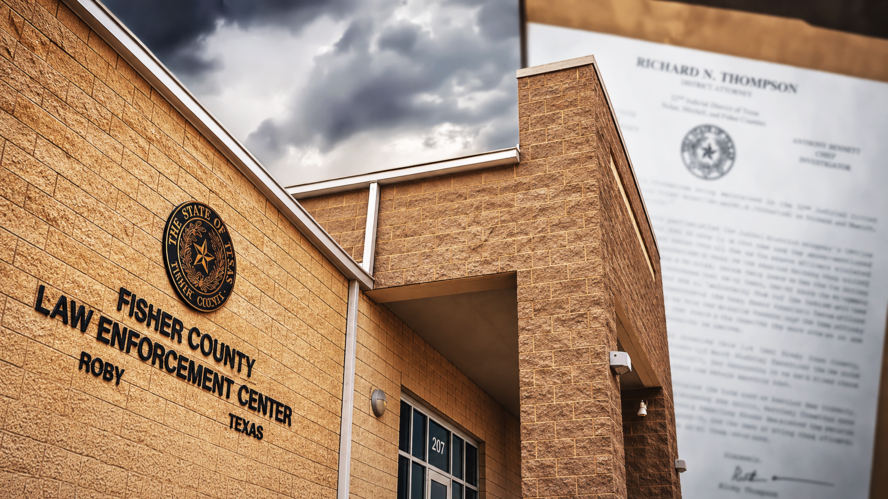 Fisher County Law Enforcement Center with a copy of the Aug. 12 Brady notice in the background.