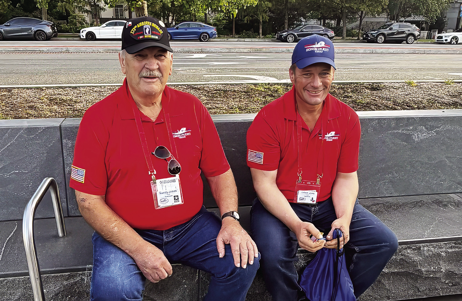 Randy Jones and son Gibson takes a few moments of rest before continuing their tour of the recent Permian Basin Honor Flight to Washington DC. - PHOTO Submitted by Martha Jones