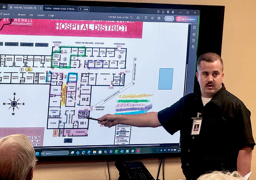 Director of Operations Cody Hall walks directors through the floor plan as he explains the phased renovation schedule during the board’s May meeting. PHOTO BY JEFF HURT