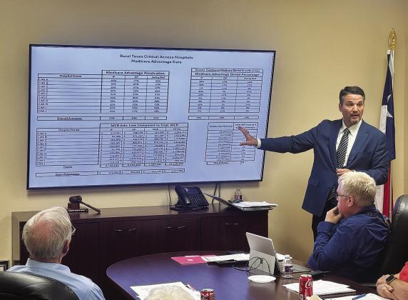 Forvis Mazars auditor Travis Skinner presents the annual financial report to Stonewall Memorial Hospital District directors during the board’s May 11 meeting.. PHOTO BY JEFF HURT