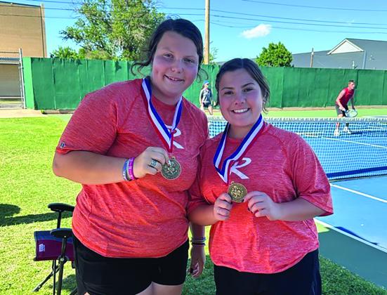 Rotan seniors Chesney Fronterhouse &amp; Hayden Foster claimed the gold in girls doubles, clinching a spot in the regional meet. Courtesy Photo