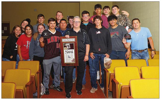 Don McCormick, founder or Mr. Mc's Peanut Brittle, shared advice about dedication, faith, and perseverance in the pursuit of dreams with Roby High School students on Monday