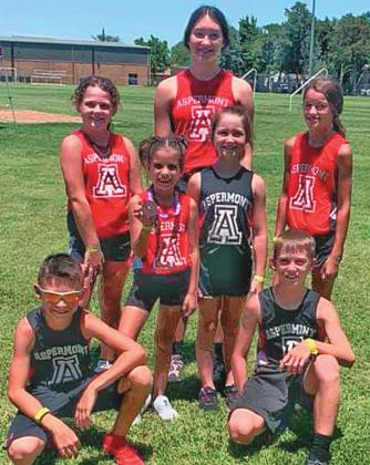 Stonewall County Youth Sports track team: Back row: Jessi Rabel, Middle: Macy Morris, Payge Harris. Tessa Rabel, and Lauraine Martin Bottom: Mykae Hecht and Graden Rabel