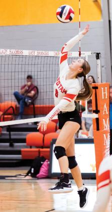 Rotan's Kate Van Poppel goes up to spike the ball during the Rotan Lady Hammers match against the Texas Leadership Christian Academy Lady Eagles last Tuesday. PHOTO BY: MARK MARTINEZ