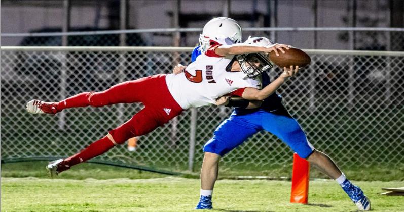 Roby Lion Sophomore, Josh Adames dives for the endzone for a touchdown during the last Friday's game against Rule