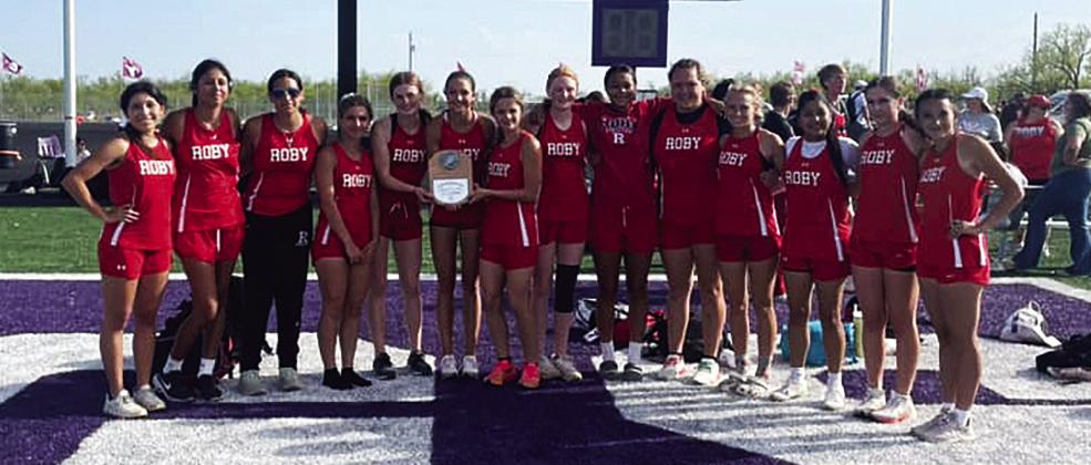 Area Track &amp; Field Champion Roby Lady Lions L-R: Emma Carreon, Yessica Perez, Ivy Espinosa, Lilly Benson, Taylor Jeffrey, Hailee Garmer, Chasity Benson, Abigail Carlisle, Joselynn Williams, Calie Hernandez, Brylie Duniven, Carly Jimenez, Avery Carreon, Saylor Smith. They will move on to compete at the 1A Region 2 Track Meet in San Angelo this Friday &amp; Saturday. (COURTESY PHOTO FROM ROBY ATHLETIC BOOSTER CLUB)