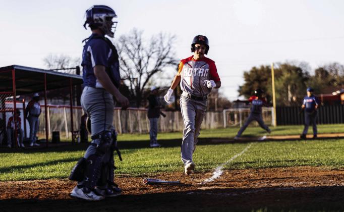 Rotan's Paxton Carrillo scores a run in the 5th inning of the Yellowhammers 3-16 loss to district opponent Knox City this past Monday. The Hammers will take on the Roby Lions in a two game district series beginning this Saturday at 11am in Roby, and ending in Rotan this coming Tuesday at 5pm Photo by: Mark Martinez