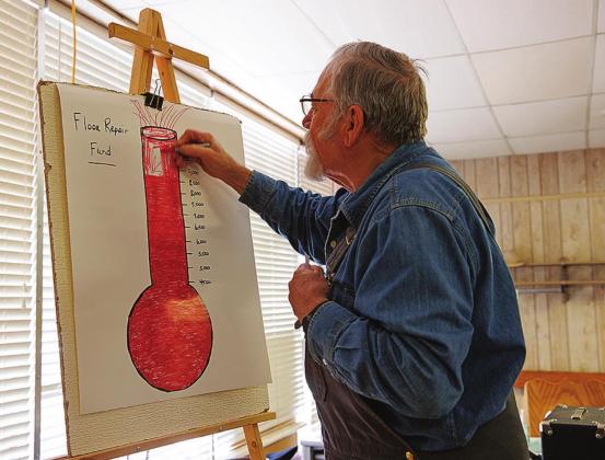 Stonewall County Senior Citizen Board President, George Abernathy fills in the remaining portion of the Center's Floor Repair Fund chart.