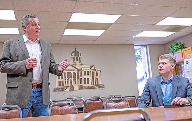 Along with son, Reid Spiller, HD-68 Candidate David Spiller, explained, at the Fisher County Courthouse on Tuesday, that the most imment threat to rural communities is the possiblity of a silenced voice in Austin through redistricting.