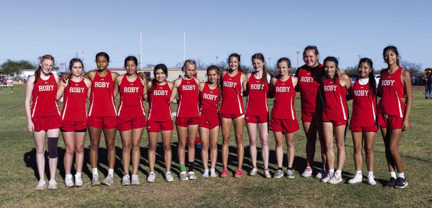 District Track &amp; Field Champion Roby Lady Lions L-R: Abigail Carlisle, Saylor Smith, Joselynn Williams, Ivy Espinosa, Emma Carreon, Brylie Duniven, Lilly Benson, Hailee Garmer, Taylor Jeffrey, Chasity Benson, Calie Hernandez, Avery Carreon, Carly Jimenez, Yessica Perez.