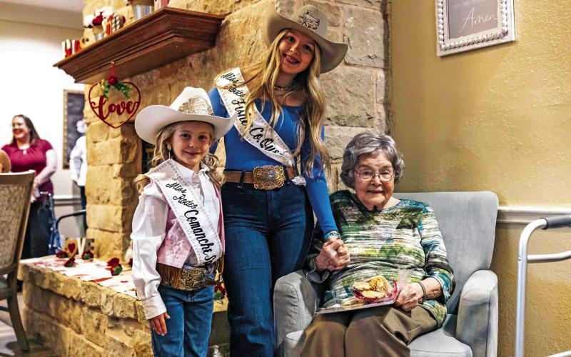 Pictured Miss Rodeo Comanche Springs Sweetheart Sutton Rasberry, Miss Rodeo Fisher County Berklee Pippin and Francene McKinney were full of sweet smiles after the Rodeo Royalty Valentine Day Treat Deliveries. MARK MARTINEZ