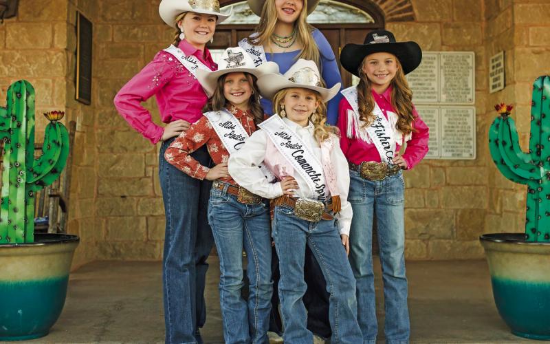 The Fisher County Rodeo Queens delivered Valentine cookies to Heritage House residents and staff Thursday, Feb. 5. Pictured are (back row, from left) Miss Rodeo Fisher County Princess Evie Rasberry and Miss Rodeo Fisher County Berklee Pippin; (middle row, from left) Miss Rodeo Fisher County Sweetheart Mesa Dennis and Miss Rodeo SandHills Princess Hattie Rasberry; (front center) Miss Rodeo Comanche Springs Sweetheart Sutton Rasberry.. MARK MARTINEZ