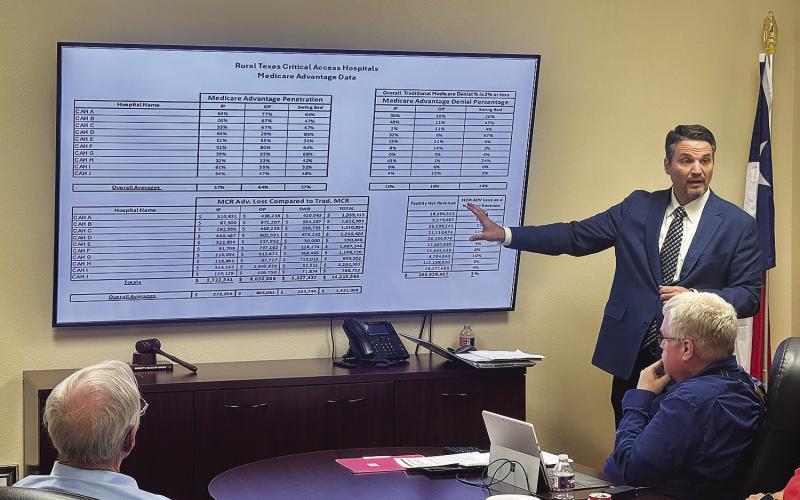 Forvis Mazars auditor Travis Skinner presents the annual financial report to Stonewall Memorial Hospital District directors during the board’s May 11 meeting.. PHOTO BY JEFF HURT
