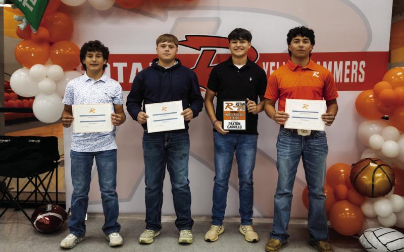 Football Awards L-R: Most Improved - Avner Martinez, Offensive MVP - Rhylon Lester, Overall MVP - Paxton Carrillo, Defensive MVP - Cristian Garcia.