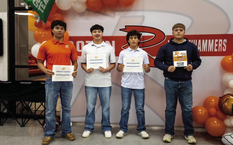 Baseball Awards L-R: Hitter of the Year - Cristian Garcia, Defensive MVP - Joshua Lujan, Offensive MVP - Avner Martinez, Overall MVP - Rhylon Lester