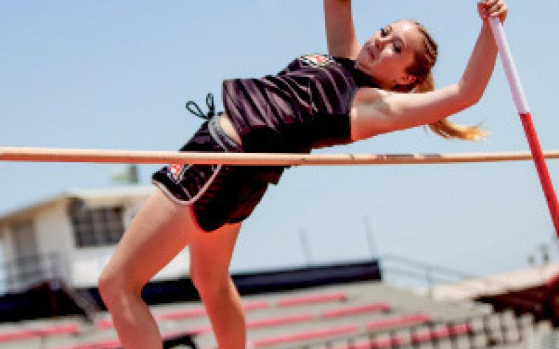 Aspermont’s Leah Castaneda pole vaulting.