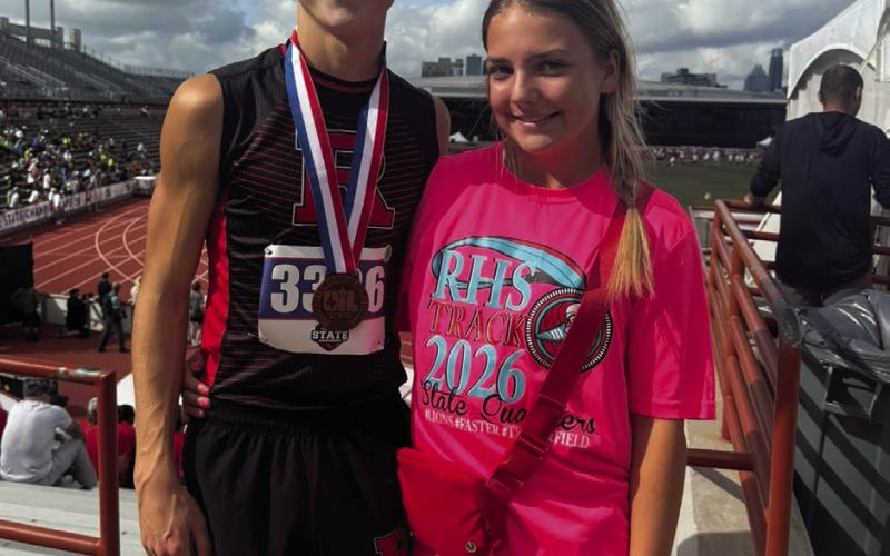 Roby Junior Camden Lummus with sibling and fellow State competitor freshman Berklee Lummus. Lummus, in his second consecutive appearance at the State Track &amp;amp; Field Meet, came away with a Bronze medal finish in the 3200 M Run, his first medal in Austin. Courtesy Photo.