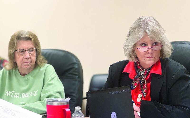 Ruthie Elkins (left) and Ellen Abernathy, president of the Stonewall Memorial Hospital District Board, listen as administrators present financial reports during the board’s February meeting.