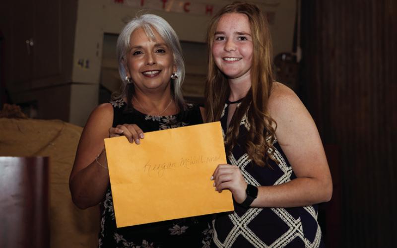 Roby Lion Cheerleading Squad. Sr. Keegan McWilliams recieving Roby Booster club Scholarship from Booster Club President Erika Castillo.