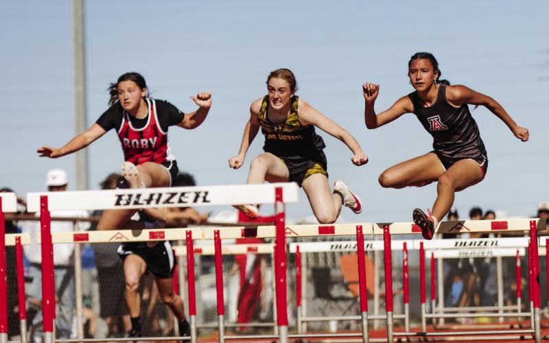 Roby's Kailyn Shipp (left) &amp;amp; Aspermont's Emilee Silva (right) battle in the 100 M Hurdles. PHOTO BY: MARK MARTINEZ