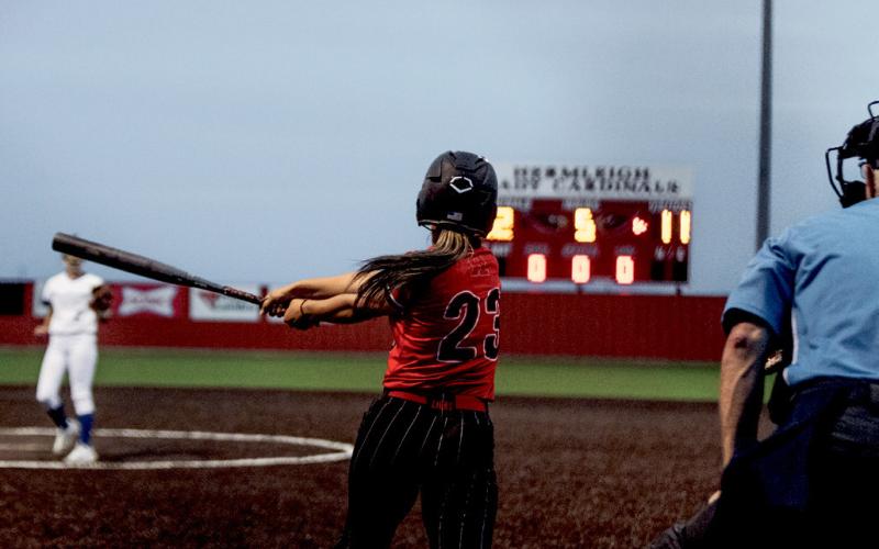 Roby’s Samarra Frausto blasts a pitch over the fence during game 2 of the Lady Lions bi-district series vs. Westbrook. Photo by: Mark Martinez