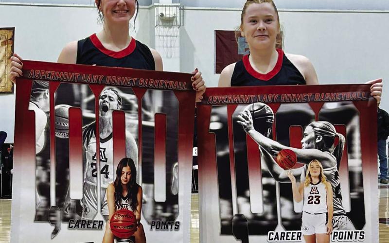 Lady Hornets Keslie Criswell &amp;amp; Matti Polk pose together after they both acheived 1000 career points during their 74-17 win over Paint Creek last Tuesday. Courtesy Photo