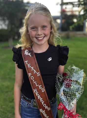 Kynadi Hjelmervik, 10, of McCaulley wears the crown she earned as Texas Polled Hereford Sweetheart in Belton. By Nicole Hjelmervik