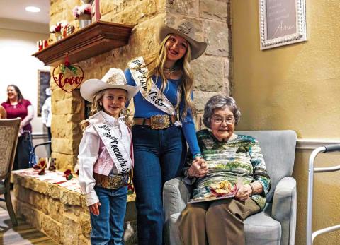 Pictured Miss Rodeo Comanche Springs Sweetheart Sutton Rasberry, Miss Rodeo Fisher County Berklee Pippin and Francene McKinney were full of sweet smiles after the Rodeo Royalty Valentine Day Treat Deliveries. MARK MARTINEZ