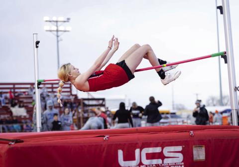 Aspermont's Ashlyn Holson finishing 1st in the High Jump. The Aspermont Varsity Girls would place 1st at Roby's Cottonwood Creek Meet last Thursday with a point total of 196, followed by Roby with a point total of 146. PHOTO BY: MARK MARTINEZ