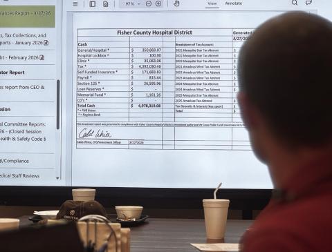 Fisher County Hospital District CFO Caleb White reviews financial reports with directors during the March meeting, saying he was happy with the balances at the start of the year. PHOTO BY JEFF HURT