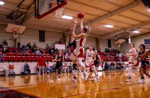 Lady Lion, Chasity Benson lays up a shot over Lady Yellowhammer, Sterling Bowen during the final district match up against the Lady Yellowhammers