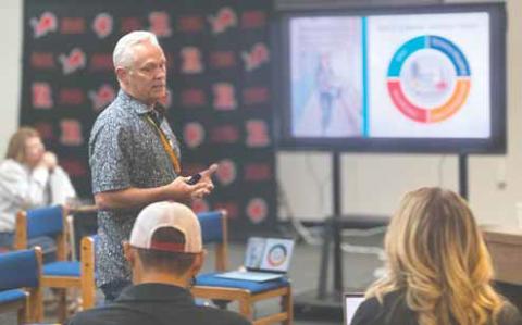 Rick Hoover, a re_red school safety director with Five Stone Safety, briefs Roby CISD trustees on the district’s new panic alert system during last week’s regular mee_ng. The system will bring the district into compliance with state-mandated safety requirements under Alyssa’s Law.