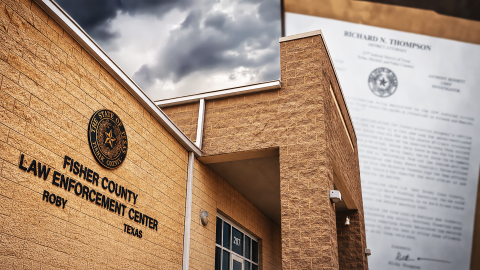 Fisher County Law Enforcement Center with a copy of the Aug. 12 Brady notice in the background.