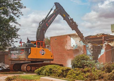 An Intercon Demolition wrecking crane began with ripping a whole in the east side of the Rotan ISD Library on Monday. Demolition efforts are expected to continue for several weeks and will include multiple buildings district-wide.