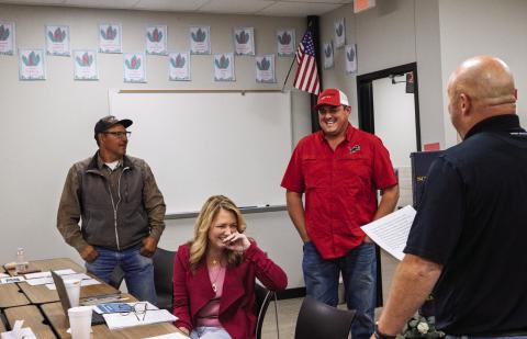 Roby CISD School Trustees take stumbling through the formalities in stride, as newly elected trustee Brent Whitfield and incumbent Danny Carrion took their oaths of office during the November 11 meeting while Whitefield's lighthearted nature cracks Trustee Michelle Terry's composure.