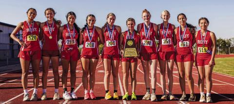 District 14 Champion Roby Lady Lion Cross Country Team L-R: Joselynn Williams, Mazer Hernandez, Chelsea Jimenez, Avery Carreon, Saylor Smith, Lilly Benson, Abigail Carlile, Betsy Terry, Ivy Espinoza, Coraima Villagomez. In addition, senior Lilly Benson claimed the individual Championship in the Girl's division after finishing first. Photo by: Mark Martinez