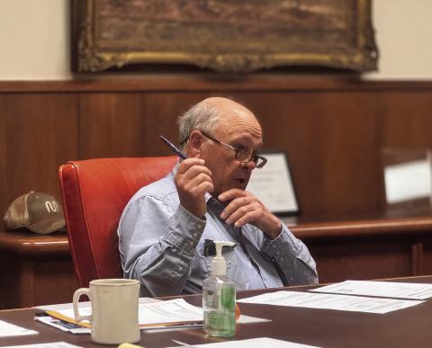 Stonewall County Commissioner Gary Myers speaks during a Commissioners Court meeting as officials consider a proposed tax abatement agreement with Crusoe for a planned data center project. PHOTO BY JEFF HURT