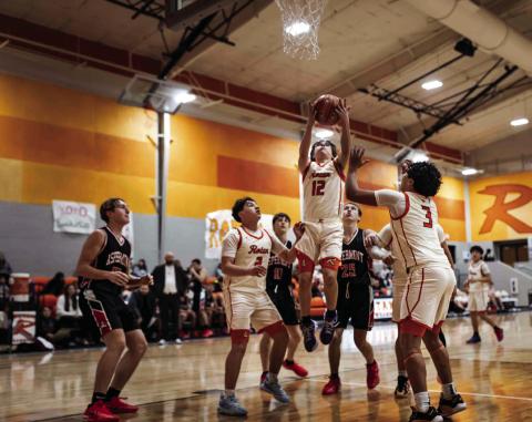 Rotan Senior Chris Newton goes up for rebound during the Hammers senior night match against Aspermont last Tuesday night. Photo by: Mark Martinez