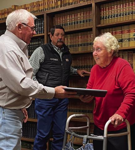 Stonewall County Judge Ronnie Moorhead gives life-long resident Doris Pittcock at certificate declaring November 16th (her birthday) as Dorris Pittcock Day! Happy Birthday, Dorris!