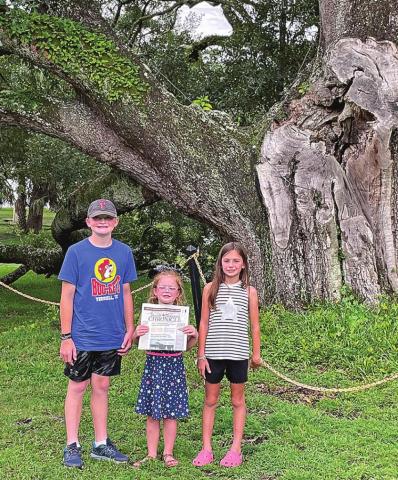 Tucker, Sadie, and Emery McWilliams are holding the DMC in front of The Friednship Oak that is 500 + year old tree on the campus of Southern Mississippi.