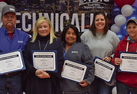 Honored for 10 years of service were Marguerite Lane, Information Technology field support tech; Michael Ordway, maintenance mechanic; Kimberly Porter, vice president of sales; Katrina Stotts, Health Information Technology instructor; Lillie Sustaita, custodial; and Karen Waller, vice president of facilities planning and construction