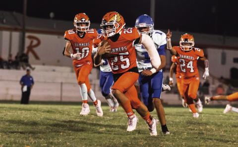 Junior Rhylon Lester breaks a long run for a touchdown during the Hammers 34-26 Homecoming win over Rule last Friday night. The Hammers found themselves behind 14 points at the end of the first half, but rallied to score 22 unanswered points in the second half to pull ahead for the win. The Hammers next game will be against Vernon Northside this Thursday night at 7:30 PHOTO BY: MARK MARTINEZ