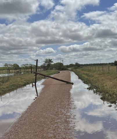 A downed power pole leans across a rural county road, a stark reminder of the storm’s power and the challenges facing utility crews working through mud and water to restore service. Photo courtesy of Big Country Electric