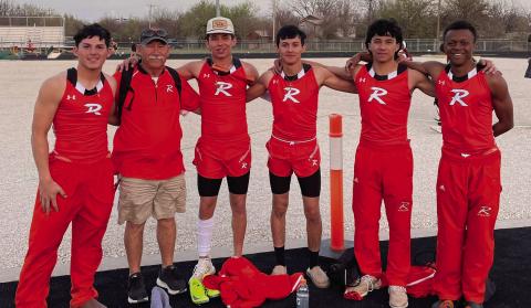 Yellowhammer relay teams: Juan Garza, Coach Joe Thomasson, Kaeden Krebsbach, Jose Garza, Cristian Garcia, Jordan Daniel.