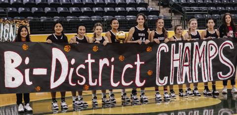 Left: Bi-District Champion Roby Lady Lion Basketball Team L-R: Carly Jimenez, Chelsea Jimenez, Avery Carreon, Chasity Benson, Joselynn Williams, Mackenzie Castillo, Hailee Garmer, Lilly Benson, Keegan McWilliams, Ivy Espinoza, Hope Garmer. PHOTO BY: TRICIA HURT
