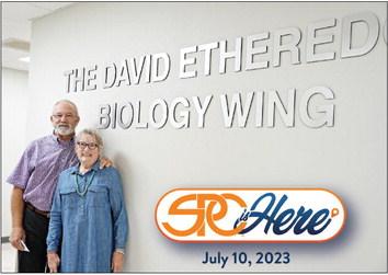 PROFESSOR HONORED – South Plains College recently unveiled the David R. Etheredge Biology Wing in the Wilburn and Helen Wheeler Science Center on the Levelland campus. The wing naming was part of a gift provided by SPC alumnus Bill Wheeler and his wife, Sandy. Also shown is Laura Graves, Etheredge’s wife, and retired professor of government at SPC. (SPC Photo/Adrian Mellberg)