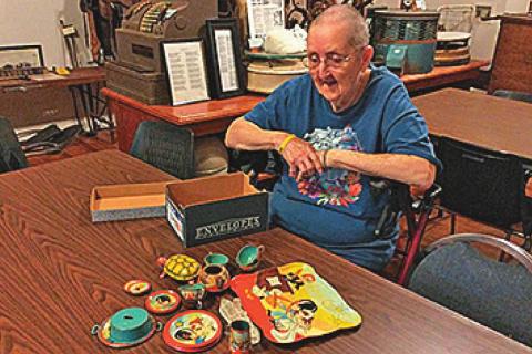 Long-time member Bobbie Fry showed her toys given to her by her teachers of 1st, 2nd and 3rd grade!