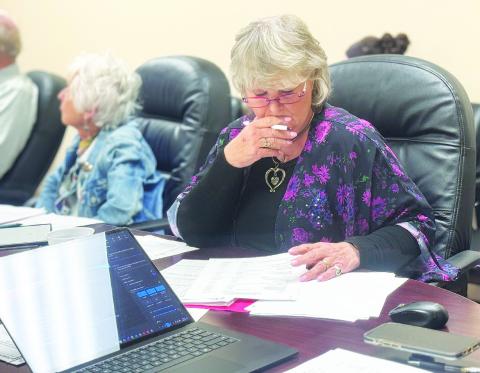 SMHD Board President Ellen Abernathy reviews information regarding the tax abatement application regarding the proposed data center from Crusoe, a major AI developer operating in the region. PHOTO BY JEFF HURT