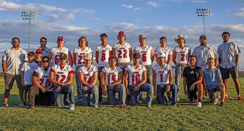 Roby Lion Varsity Football Team: Coach Israel Deleon, Coach Zack Ryan, Kooper McWilliams, Brennan Faucett, Cruz Perez, Ethan Hernandez, Kody Daniel, Gageden Barrera, Josh Adames, Coach Johnny Sanchez, Coach Caleb Williams. Kneeling L-R: Grayson Carreon, Brady Shoemaker, Martin Cantero, Drew Carreon, Case Harris, Zac Flores, Dylan Lujan, Keegan Encizo. Kaedyn Field and Kolter McWilliams