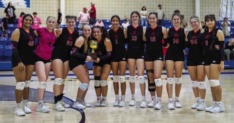 Top: Aspermont Lady Hornet District Champion Volleyball Team L-R: Vaani Bhakta, Matti Polk, Shelby Roberson, Raelynn Bradley, Peyton Calamaco, Emilee Silva, Keslie Criswell, Jessi Rabel, Maleah Hecht, Regan Polk, Noemi Garcia. Photo by: Mark Martinez